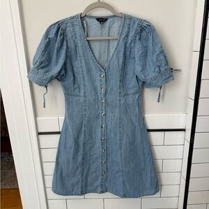 Puff-Sleeve Denim Button-Front Mini Dress - Light Blue